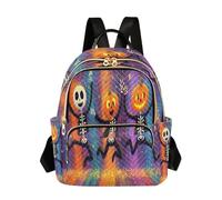 Girls Women School Backpack Teens College High School Casual Mini Small Bookbag Purse Daypack S Silly Skeleton Dancing with Glowing Jack-o'-lantern Friends Dynamic Confetti Stripes in The Backgro