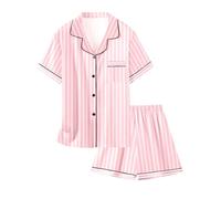 Girls & Womens Satin Pajamas Set, Silk Button-Down Sleepwear 2 Piece Nightwear, 3 Years - Women XXL, A Pink Stripe, 13-14 Años