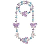 Girls Wooden Bead Stretch Butterfly Necklace & Bracelet Set, Pink, Purple or Multicolour (Purple)