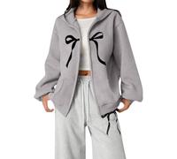 Girl's Zip Up Hoodies Cute Bow Tie Printed Hooded Sweatshirt Cozy Soft Long Sleeve Hoody Pullover Top Casual Activewear with Pockets Fall Winter Clothes (Grey, 3-4 Years)