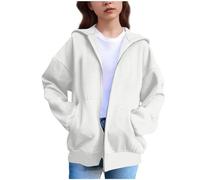 Girls Zip up Hoodies Lightweight Trendy Zipper Hooded Sweatshirts Teen Kids Solid Cute Oversized Sweater with Pockets Fashion Cotton Ribbed Cuffs Jackets (White, 14-15 Years)