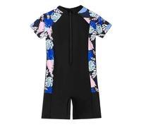 Girls' Zip Up One Piece Swimsuit Short Sleeve, Flat Corner Hem, for Large Children, Light Blue #D