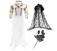 Girls Zombie Bride Costume - Small - White Dress with Lace Decorations, Black Veil, Black Rose Bouquet - Kids Childs TV Film Trick or Treat Halloween TV Film Fancy Dress Costume