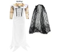 Girls Zombie Bride Costume - White Dress with Lace Decorations and Zombie Skin Sleeves, Black Veil - Kids Halloween TV Film Fancy Dress Costume - Large