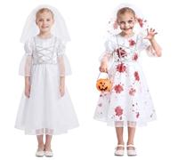 Girls Zombie Bride Halloween Costume Blood Splattered Long Dress with Veil, 2 Pcs Kids Ghost Bride Scary Cosplay Roleplay Fancy Dress Outfit Clothes 4-10 Years e915