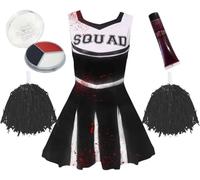 Girls Zombie Cheerleader Costume - Cheer Dress with "SQUAD" text, Matching Pompoms, Facepaint, Fake Blood - Kids Childs Scary Halloween Fancy Dress Costume