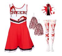 Girls Zombie Cheerleader Costume for Girls Halloween Costumes - Kids Dead Cheerleader Outfit with Pom Poms, Fake Blood, Blood Stained Tights Kids, Bloody Hair Clips, Zombie Scar Tattoos