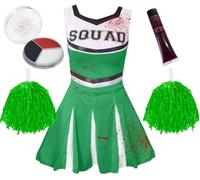 Girls Zombie Cheerleader Costume - Medium - Green Cheer Dress with "SQUAD" text, Matching Pompoms, Facepaint, Fake Blood - Kids Childs Scary Halloween Fancy Dress Costume