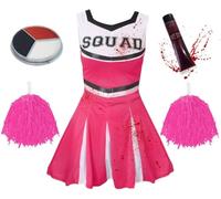 Girls Zombie Cheerleader Costume - Medium - Pink Cheer Dress with "SQUAD" text, Matching Pompoms, Facepaint, Fake Blood - Kids Childs Scary Halloween Fancy Dress Costume