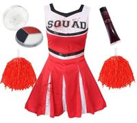 Girls Zombie Cheerleader Costume - Small - Red Cheer Dress with "SQUAD" text, Matching Pompoms, Facepaint, Fake Blood - Kids Childs Scary Halloween Fancy Dress Costume