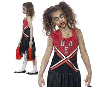 Zombie Cheerleader Costume, Red & Black, With Blood Stained Dress & Pom Poms - zombie cheerleader costume halloween fancy dress girls outfit kids