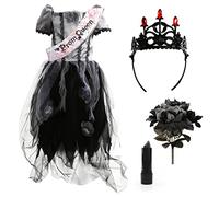 Girls Zombie Prom Queen Halloween Costume - Large - Gothic Fancy Dress Costume Grey & Black Prom Dress, Crown, Queen Sash, Rose Bouquet & Black Lipstick