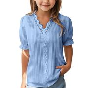 Girls's Modest Blouse Ruffle Short Sleeve Plain T-Shirt Summer Casual Loose Fit Vintage Top, Breathable Tee for Toddler & Kids (Blue, 9-10 Years)