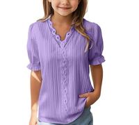 Girls's Modest Blouse Ruffle Short Sleeve Plain T-Shirt Summer Casual Loose Fit Vintage Top, Breathable Tee for Toddler & Kids (Purple, 9-10 Years)