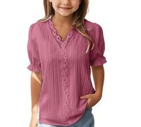 Girls's Modest Blouse Ruffle Short Sleeve Plain T-Shirt Summer Casual Loose Fit Vintage Top, Breathable Tee for Toddler & Kids (Watermelon Red, 9-10 Years)
