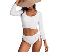 GirlsUpto Womens Two Piece Swimsuits High Waisted Bikini Set Rash Guard Bathing suit Long Sleeve Swimwear Crop Top Teen Girls, White Long Sleeve Bikini, S