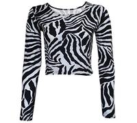GirlsWalk Women's Long Sleeves Zebra Printed Short Stretchy Crop Top, Black/White, 4-6