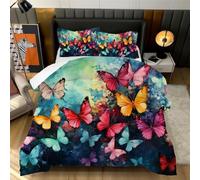 Girly Colourful Butterflies Pattern Bedding Comforter Set for Full Size Watercolor Butterfly Print Girls Women Duvet Set Modern Soft Texture Kids Adult Bedroom 2 Pieces Quilt Set with 2 Pillowcases