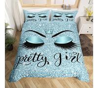 Girly Eyelash Duvet Cover for Women,Blue Unicorn Eyelash Bedding Set Single,No Real Sequin Diamond Comforter Cover,Girls Makeup Eye Bed Sets with 1 Pillowcase Bedroom Decor