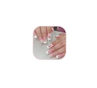 Girly French Tip Press-On Nails with 3D Pink Bows, Hearts & Rhinestones - Long Square/Coffin False Nails, Classic Style with Cute Embellishments