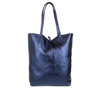 Girly Handbags Womens Large Genuine Italian Leather Tote Hobo Shoulder Bag Real Handmade Handbag Open Top A4 College Work Bag - Metallic Navy
