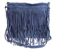 Girly Handbags Womens Large Genuine Suede Fringe Shoulder Bag Crossbody Slouch Elegant - Navy