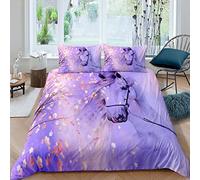Girly Horse Print Bedding Set Floral Pattern Duvet Cover For Kids Teens Magical Animal Style Comforter Cover Fantasy Dreamy Horse Bedspread Cover Purple Bedroom Decor Quilt Cover 3Pcs Double Size