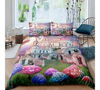 Girly Mushroom Castle Comforter Cover Princess Castle Decor Bedding Set for Kids Boys Girls Fantasy Cartoon Art Duvet Cover Dreamy Fairy Tale Bedspread Cover Room Decor 3Pcs Double Size,Zipper