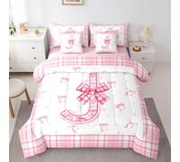 Girly Pink Bow Comforter Set 7 Piece Bed In A Bag Twin,Alphabet Letters J Bedding Sets for Kids Boys Girls Adults Cute Princess Bowknot Comforter and Sheets Personalized Dreamy Bow Knot Bed Set