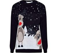 GirlzWalk ® Adults Ladies Long Sleeve Christmas Xmas Unisex 2 Reindeer Sweater Retro Novelty Vintage Jumper (Black, XXL/UK 20-22)