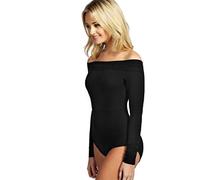 GirlzWalk Girls Ladies Womens Off Shoulder and Polo Neck Bodysuits Top Shirt Long Sleeve Sizes 8 to 20 (Black Off Shoulder, 10)