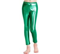 GirlzWalk Girls Shiny Wet Look Leggings Kids Liquid Metallic Dance Footless Tights Pants, Green, 11-12 Years