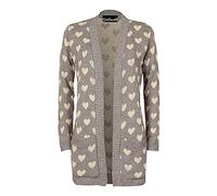 GirlzWalk Girzlwalk Womens Long Sleeve Chunky Knitted Heart Print Cardigan Sweater (Grey, Large)