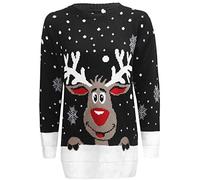 GirlzWalk Ladies Christmas Novelty Printed Reindeer Snowflakes Rudolph Long Sleeve Women Pullover Xmas Knitted Jumper (Black, ML/UK 12-14)