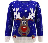 GirlzWalk Ladies Christmas Novelty Printed Reindeer Snowflakes Rudolph Long Sleeve Women Pullover Xmas Knitted Jumper (Blue, 20-22)