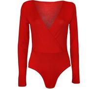 GirlzWalk ® Ladies Women Plain Wrap Over Plunge Long Sleeve Leotard Bodysuit Top Red