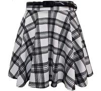 GirlzWalk Ladies Womens Tartan Check Print Pleated Flared Belted Mini Skater Skirt (Tartan White, ML 12-14)