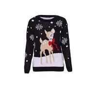 GirlzWalk ® New Adults Women's Baby Reindeer Christmas Jumper Unisex Bambi Deer Xmas Knitted Sweater Top (Black, ML/UK 12-14)