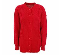 GirlzWalk New Women Cable Knit Long Sleeve Button Up Crew Neck Aran Type Sweater Ladies Cardigan (12-14, Red)