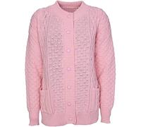 GirlzWalk New Women Cable Knit Long Sleeve Button Up Crew Neck Aran Type Sweater Ladies Cardigan (8-10, Baby Pink)