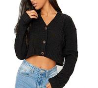 GirlzWalk New Women Ladies Crop Short Cable Chunky Knitted 3 Button Cardigan Top (Black, 12)