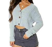 GirlzWalk New Women Ladies Crop Short Cable Chunky Knitted 3 Button Cardigan Top (Grey, 8)