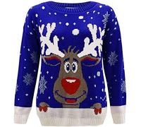 GirlzWalk New Womens Knitted Xmas Rudolph Reindeer Bambi Unisex Sweater Christmas Jumper Plus Size UK 8-26 (Blue, 12-14)