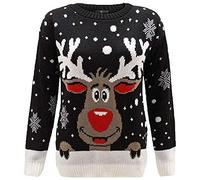 GirlzWalk New Womens Knitted Xmas Rudolph Reindeer Bambi Unisex Sweater Christmas Jumper Top (Black, X-Large)