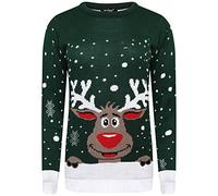 GirlzWalk New Womens Knitted Xmas Rudolph Reindeer Bambi Unisex Sweater Christmas Jumper Top (Bottle Green, Medium)