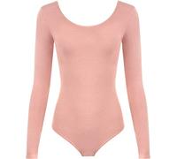 GirlzWalk New Womens Ladies Scoop Neck Long Sleeve Bodysuit Leotard Plain Stretch Basic Top (Baby Pink, S/M)