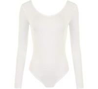 GirlzWalk New Womens Ladies Scoop Neck Long Sleeve Bodysuit Leotard Plain Stretch Basic Top (Cream, M/L)