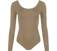 GirlzWalk New Womens Ladies Scoop Neck Long Sleeve Bodysuit Leotard Plain Stretch Basic Top (Mocha, M/L)