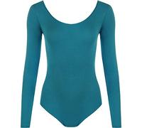 GirlzWalk New Womens Ladies Scoop Neck Long Sleeve Bodysuit Leotard Plain Stretch Basic Top (Teal, S/M)