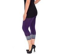 GirlzWalk New Womens Plus Size Leggings Ladies Scallop Edge Sequins Detail Hem Elasticated Cropped Soft Bottoms Trousers (Purple, 12-14)